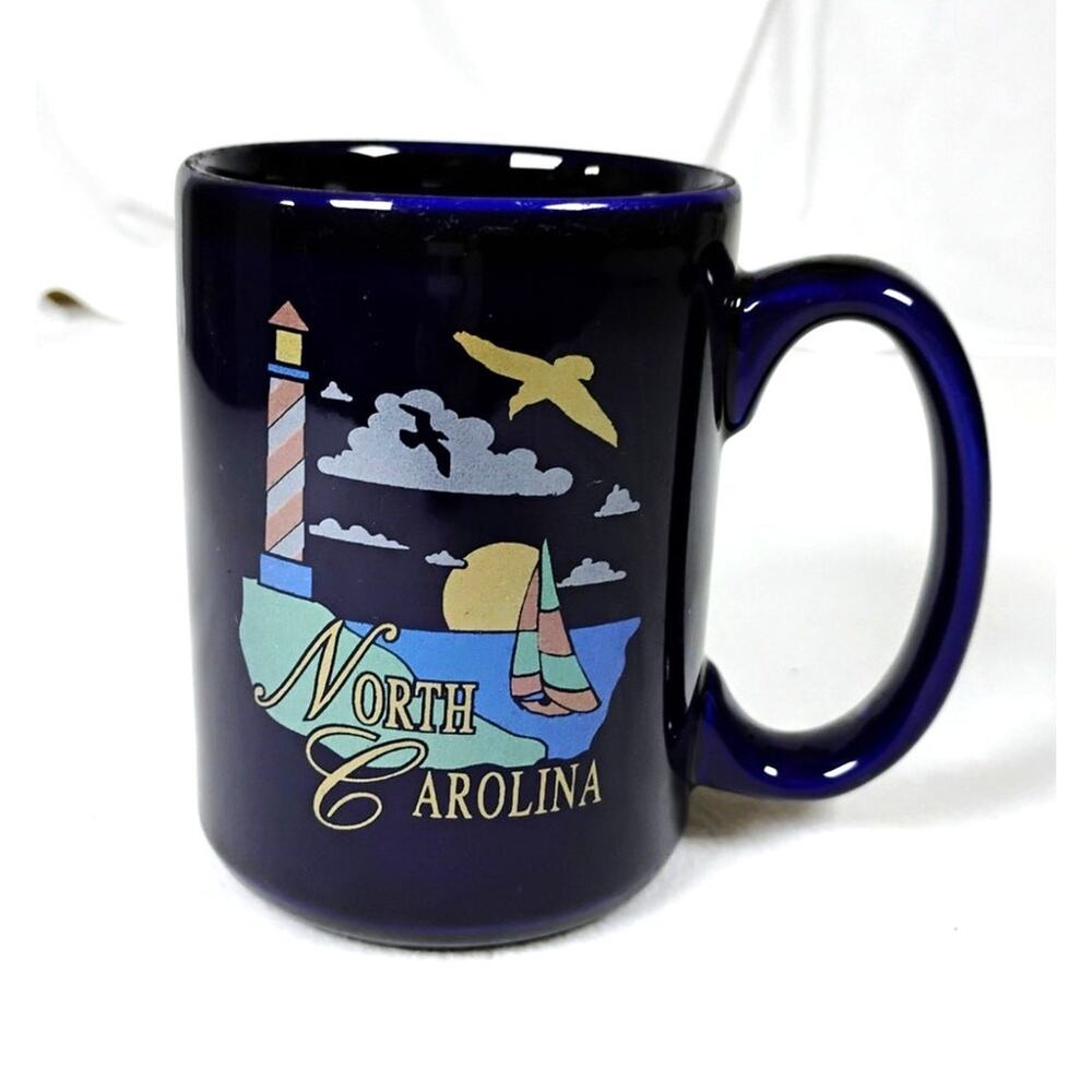 North Carolina Blue Coffee Mug Sailboat Lighthouse Seagull Coastal Nautical